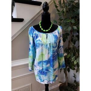 Women's Alfred Dunner XL Floral Peasant Top Blue Green Rayon Boho Blouse